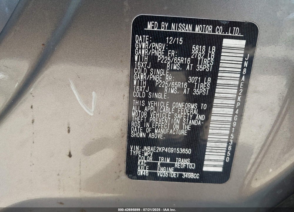 2016 NISSAN QUEST VIN: JN8AE2KP4G9153650