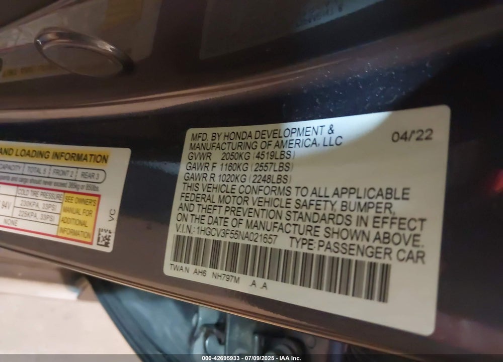 2022 HONDA ACCORD VIN: 1HGCV3F55NA021657