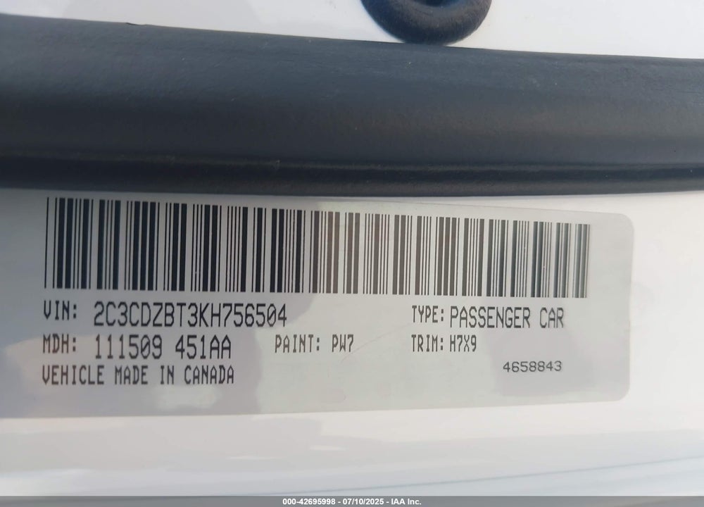 2019 DODGE CHALLENGER VIN: 2C3CDZBT3KH756504