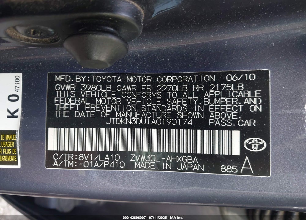 2010 TOYOTA PRIUS VIN: JTDKN3DU1A0190174