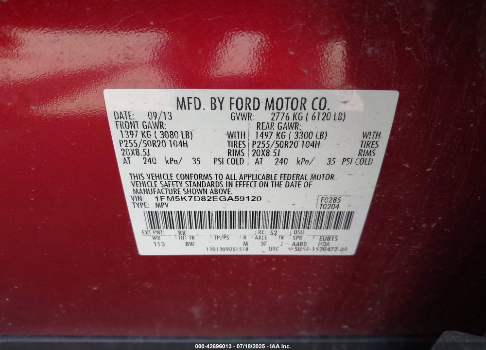 2014 FORD EXPLORER VIN: 1FM5K7D82EGA59120