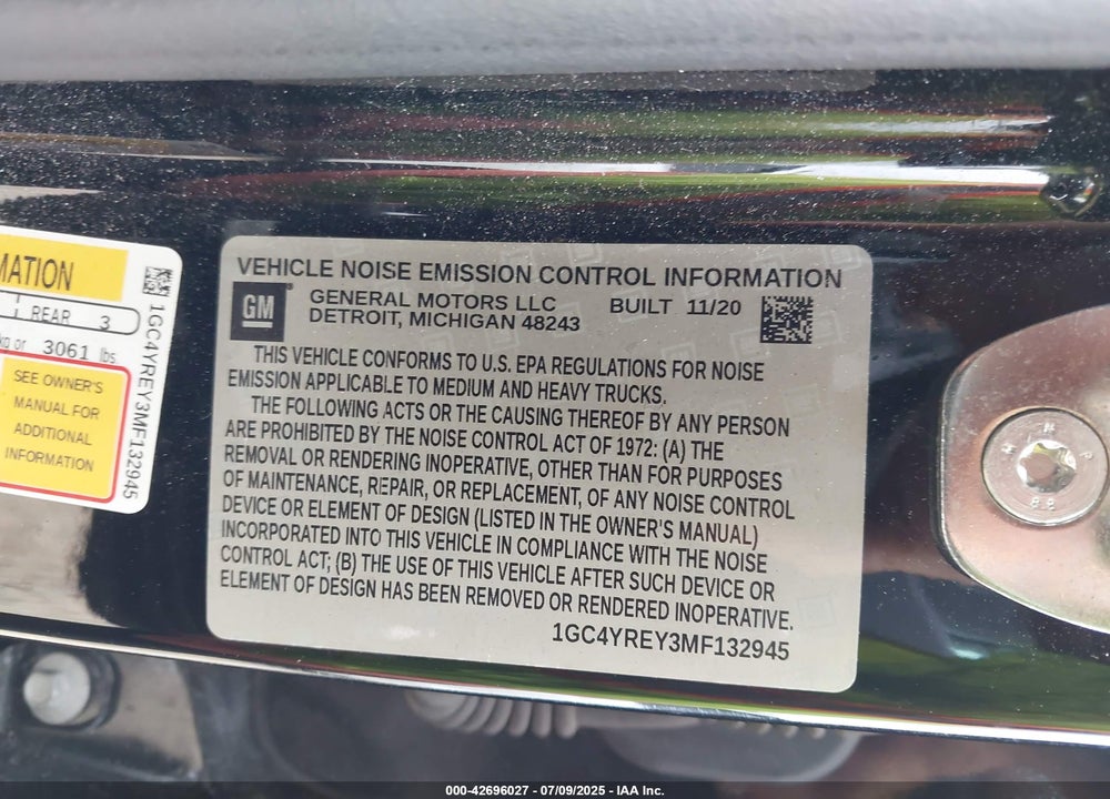 2021 CHEVROLET SILVERADO 2500HD 4WD STANDARD BED HIGH COUNTRY VIN: 1GC4YREY3MF132945