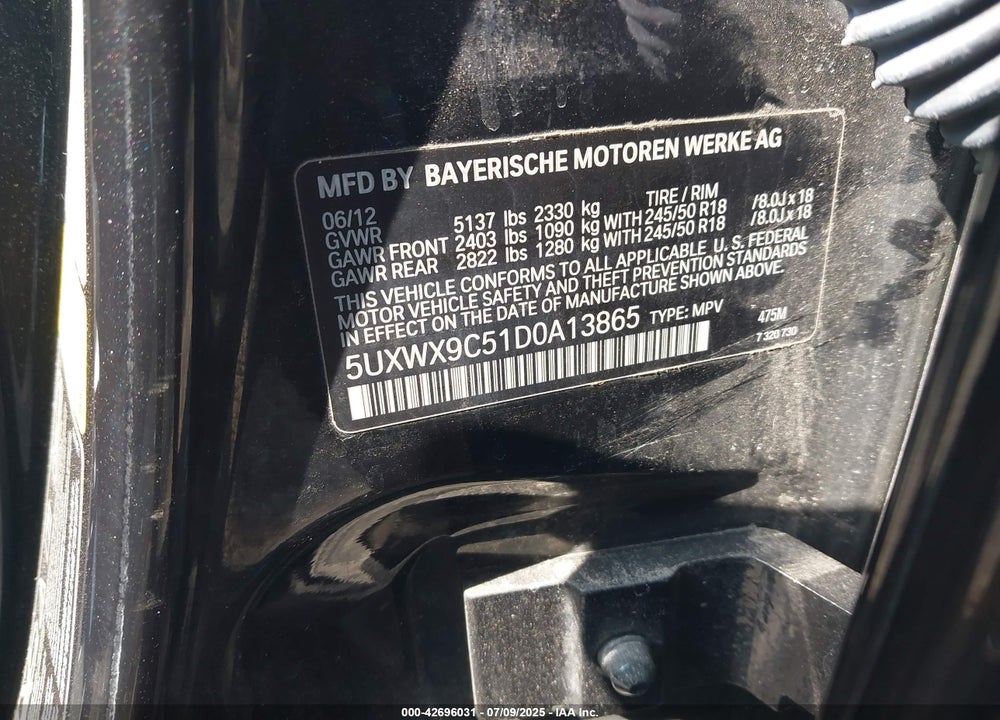 2013 BMW X3 VIN: 5UXWX9C51D0A13865