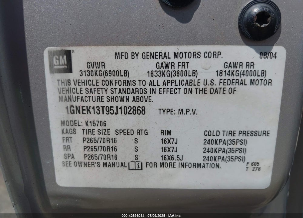 2005 CHEVROLET TAHOE VIN: 1GNEK13T95J102868