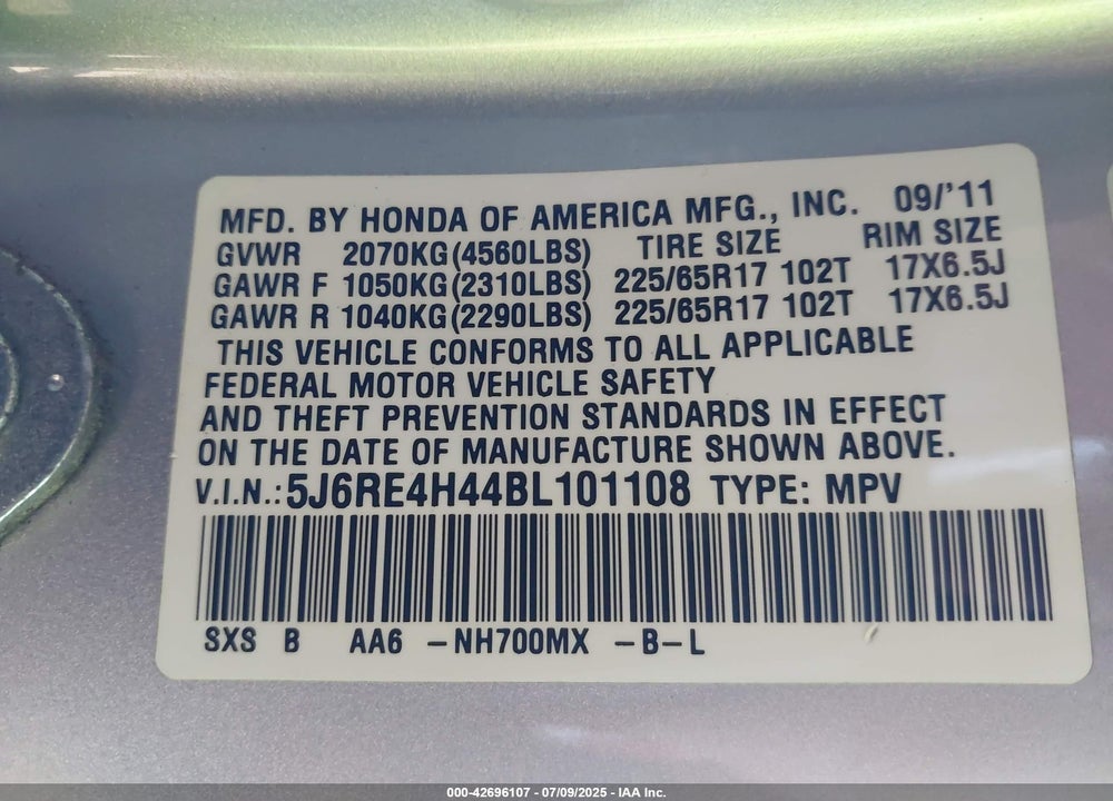 2011 HONDA CR-V VIN: 5J6RE4H44BL101108