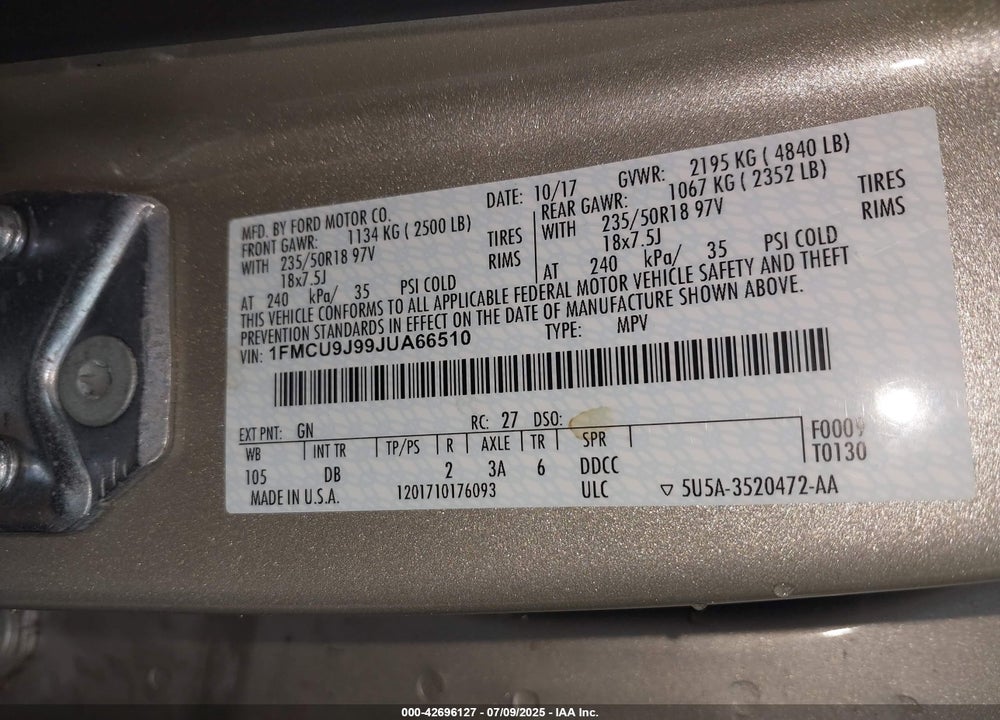 2018 FORD ESCAPE VIN: 1FMCU9J99JUA66510
