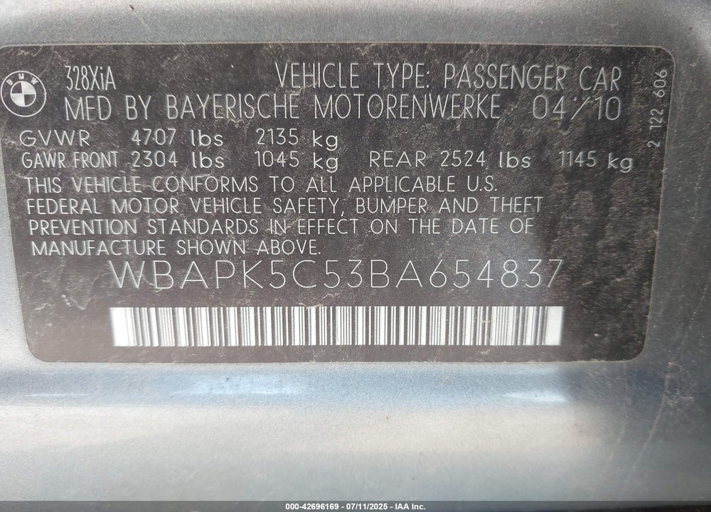 2011 BMW 3 SERIES VIN: WBAPK5C53BA654837