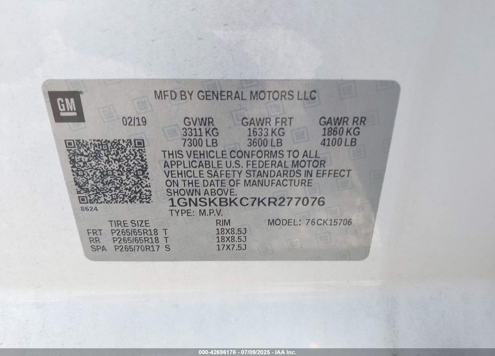 2019 CHEVROLET TAHOE VIN: 1GNSKBKC7KR277076