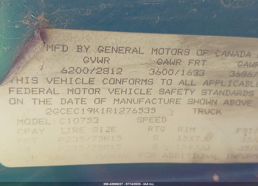 1994 CHEVROLET GMT-400 C1500 VIN: 2GCEC19K1R1276535