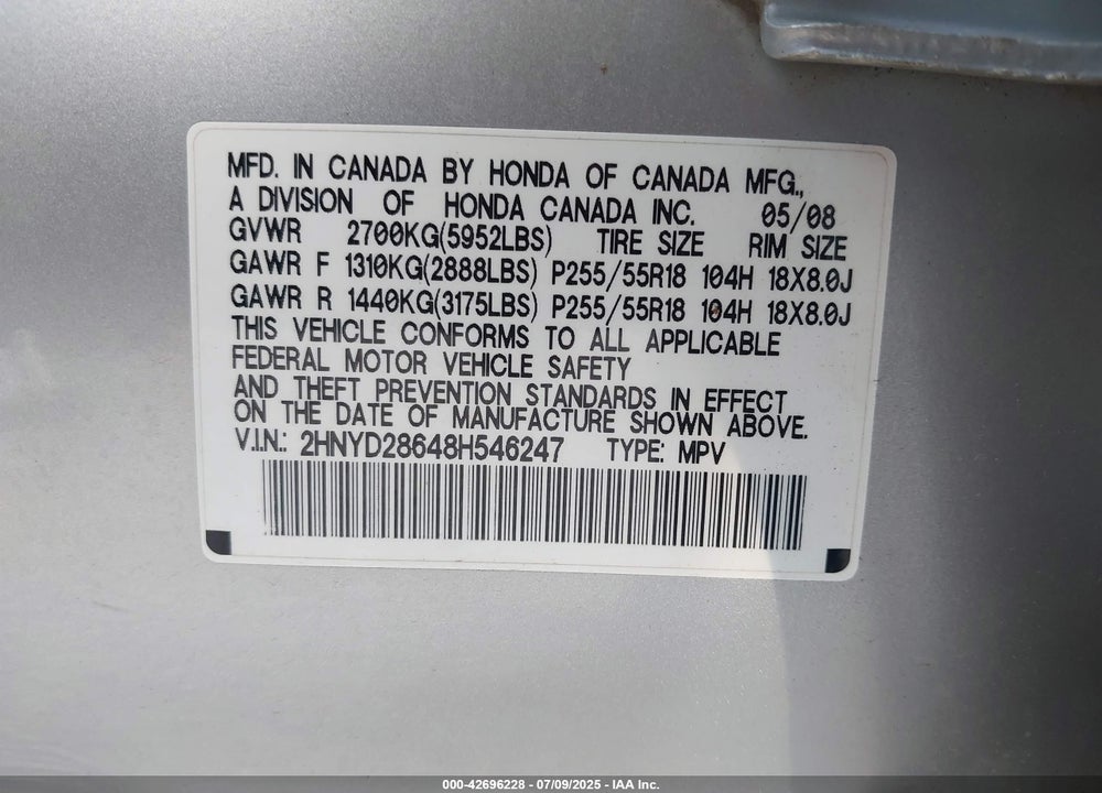 2008 ACURA MDX TECHNOLOGY PACKAGE VIN: 2HNYD28648H546247