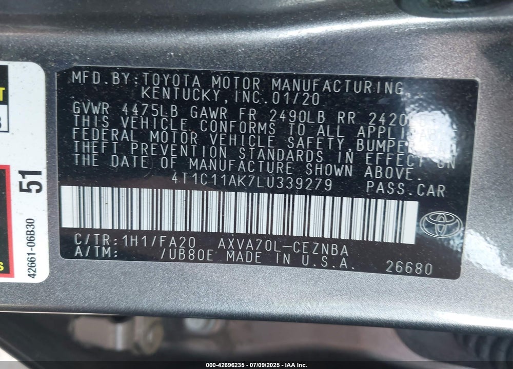 2020 TOYOTA CAMRY VIN: 4T1C11AK7LU339279