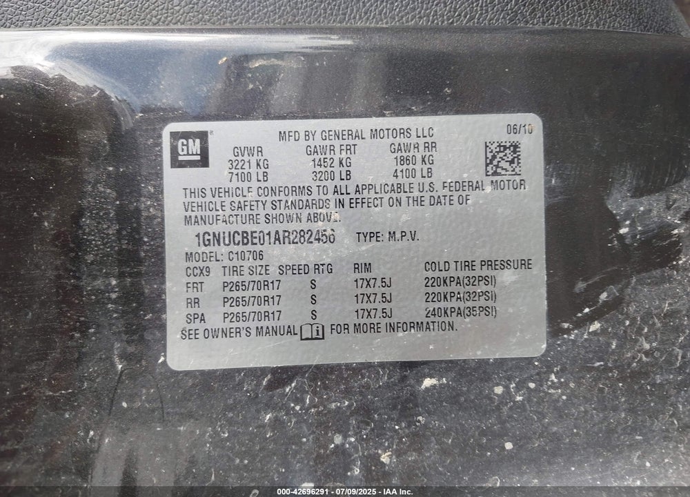 2010 CHEVROLET TAHOE VIN: 1GNUCBE01AR282456