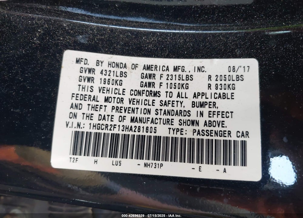 2017 HONDA ACCORD VIN: 1HGCR2F13HA281605