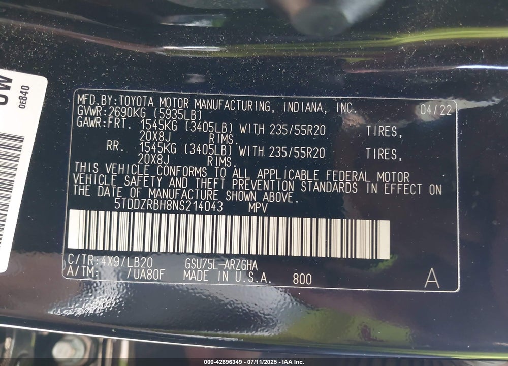 2022 TOYOTA HIGHLANDER VIN: 5TDDZRBH8NS214043