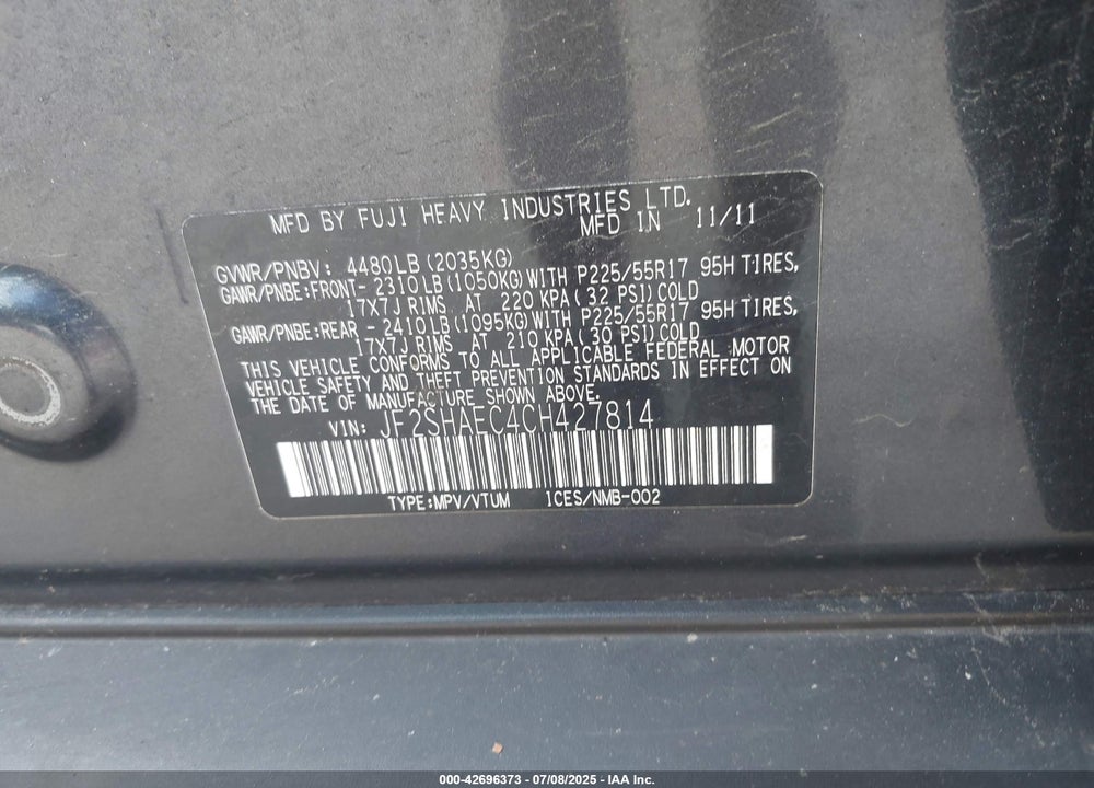 2012 SUBARU FORESTER VIN: JF2SHAEC4CH427814