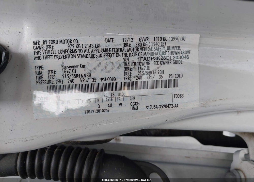 2013 FORD FOCUS VIN: 1FADP3K28DL203046