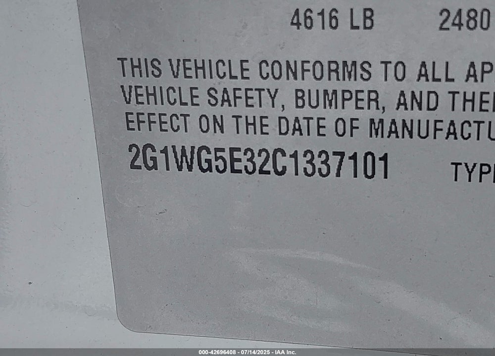 2012 CHEVROLET IMPALA VIN: 2G1WG5E32C1337101