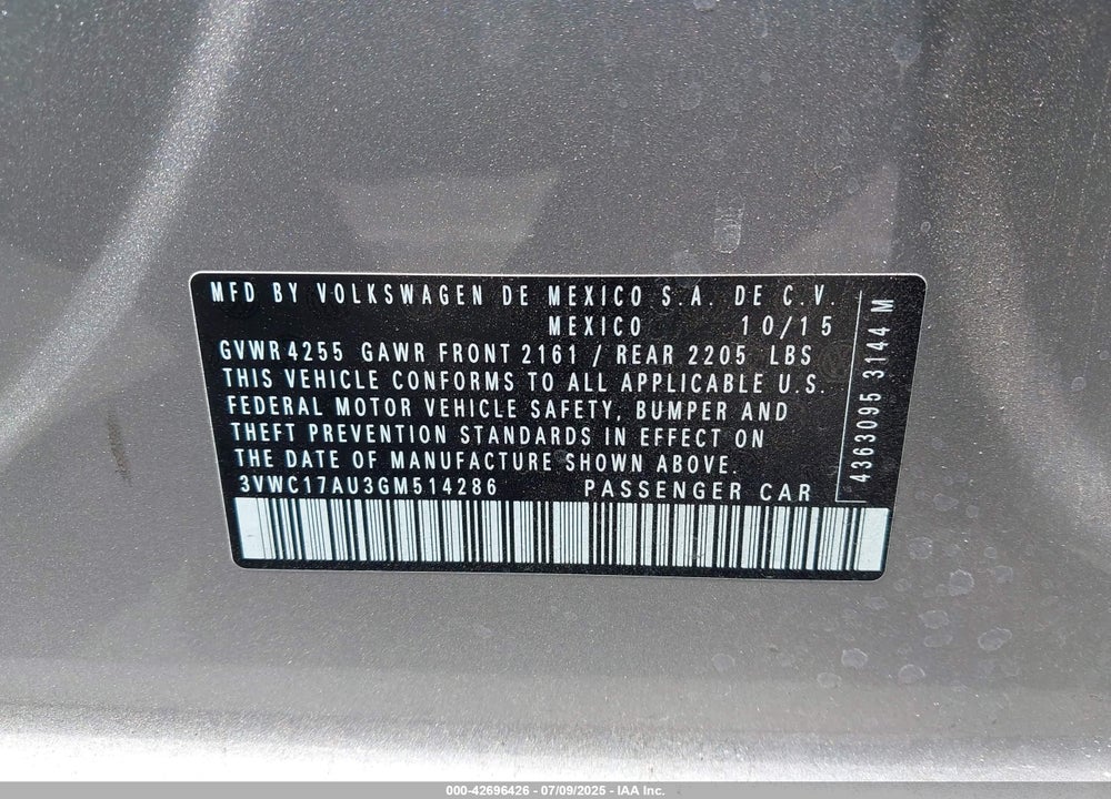 2016 VOLKSWAGEN GOLF SPORTWAGEN TSI S 4-DOOR VIN: 3VWC17AU3GM514286