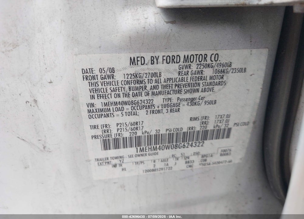 2008 MERCURY SABLE VIN: 1MEHM40W08G624322
