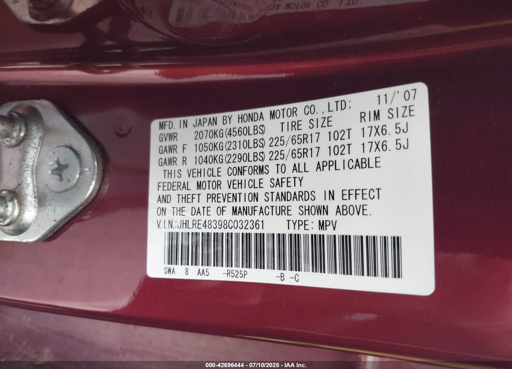2008 HONDA CR-V LX VIN: JHLRE48398C032361