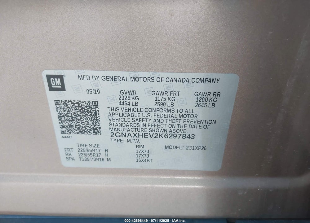 2019 CHEVROLET EQUINOX VIN: 2GNAXHEV2K6297843