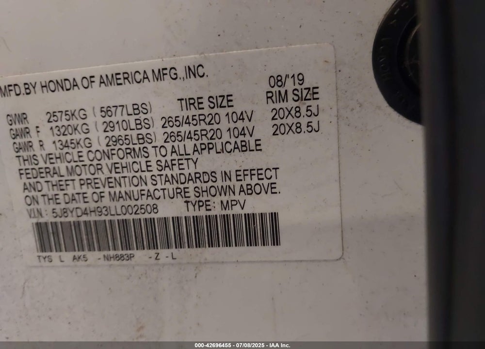 2020 ACURA MDX ADVANCE   ENTERTAINMENT PACKAGES/PMC EDITION VIN: 5J8YD4H93LL002508