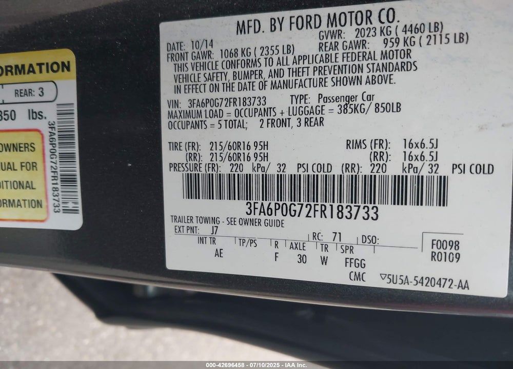 2015 FORD FUSION S VIN: 3FA6P0G72FR183733
