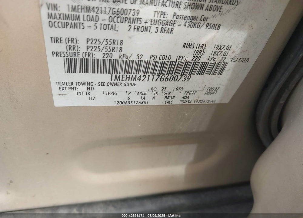 2007 MERCURY MONTEGO VIN: 1MEHM42117G600739