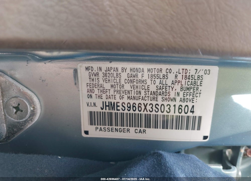 2003 HONDA CIVIC HYBRID VIN: JHMES966X3S031604
