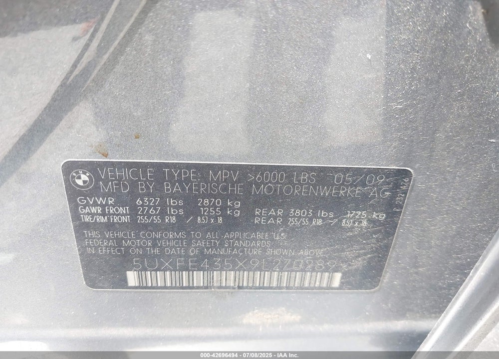2009 BMW X5 VIN: 5UXFE435X9L270289