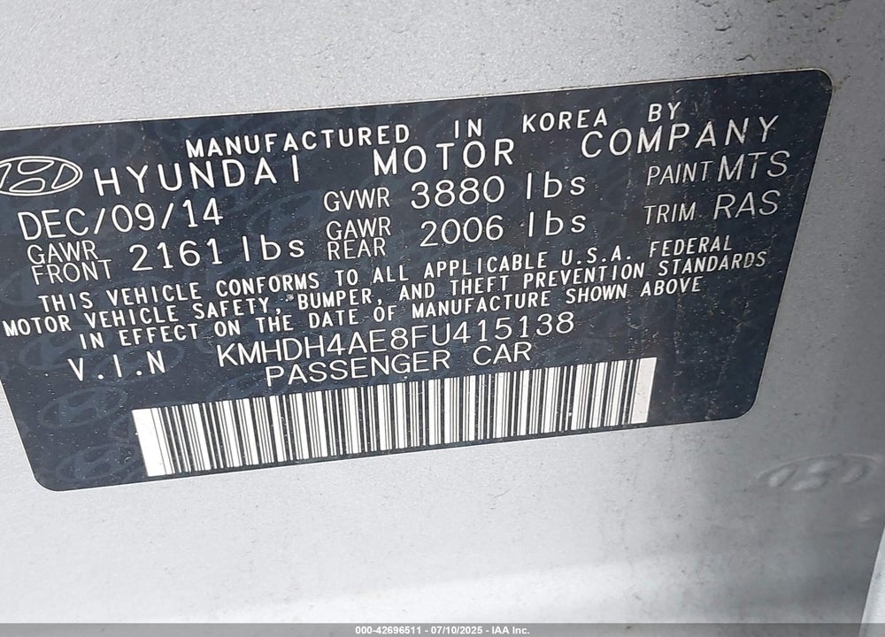 2015 HYUNDAI ELANTRA SE VIN: KMHDH4AE8FU415138