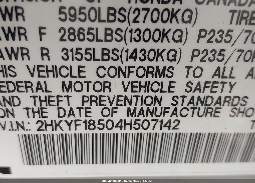 2004 HONDA PILOT VIN: 2HKYF18504H507142