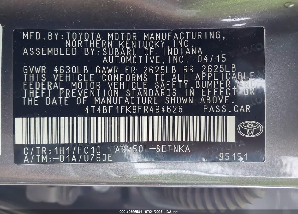 2015 TOYOTA CAMRY LE VIN: 4T4BF1FK9FR494626