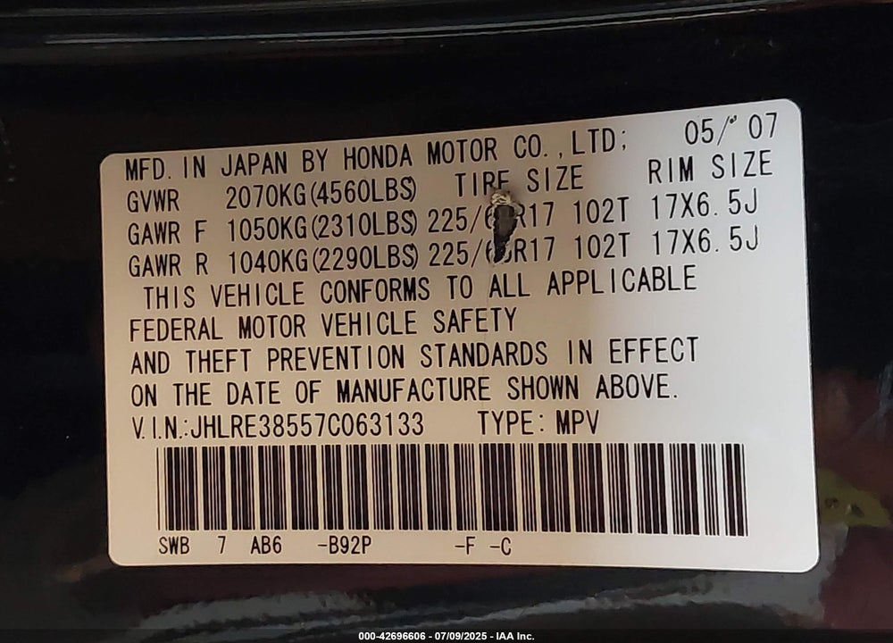 2007 HONDA CR-V EX VIN: JHLRE38557C063133