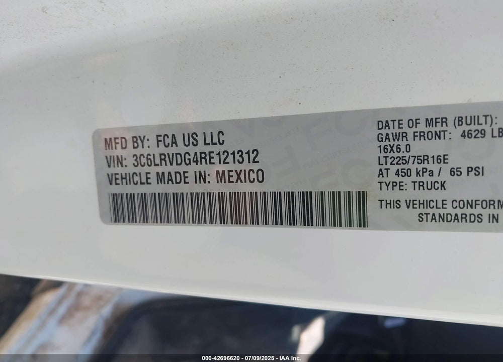 2024 RAM PROMASTER 2500 TRADESMAN HIGH ROOF 159 WB W/PASS SEAT VIN: 3C6LRVDG4RE121312