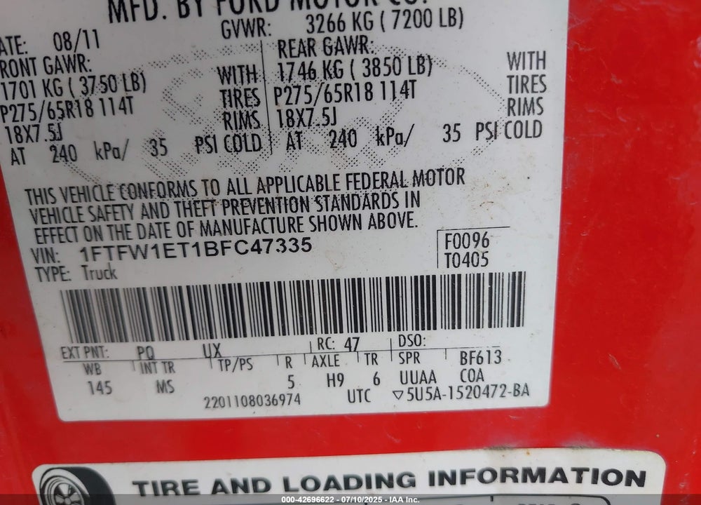 2011 FORD F-150 VIN: 1FTFW1ET1BFC47335