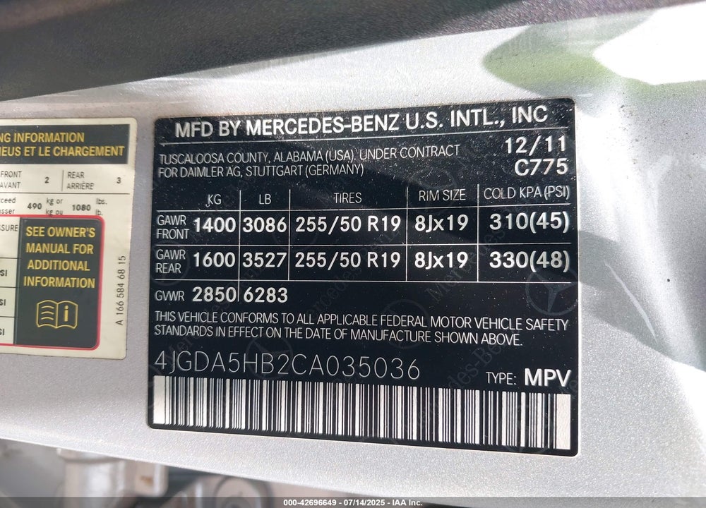 2012 MERCEDES-BENZ ML 350 4MATIC VIN: 4JGDA5HB2CA035036