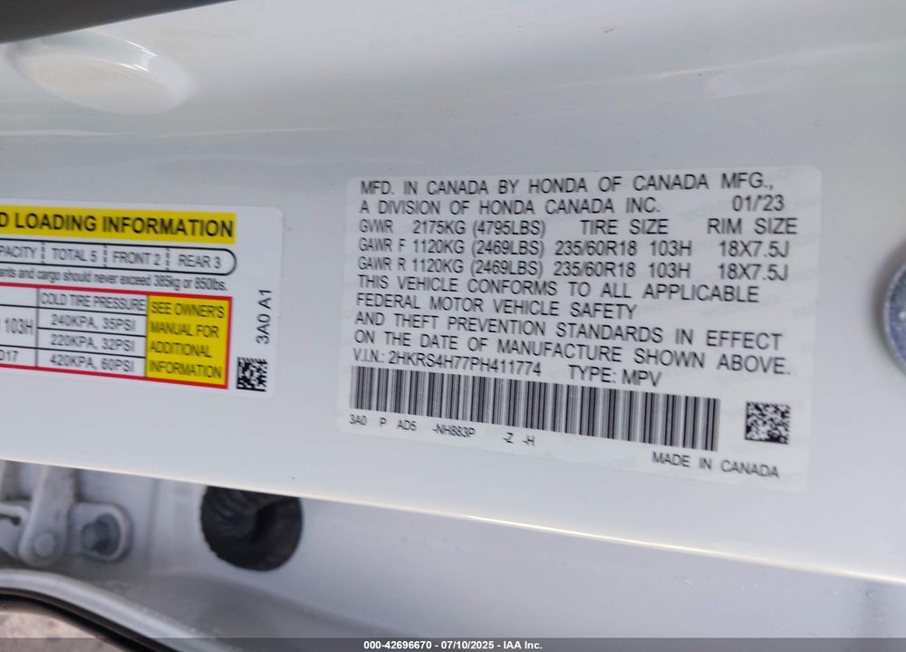 2023 HONDA CR-V VIN: 2HKRS4H77PH411774