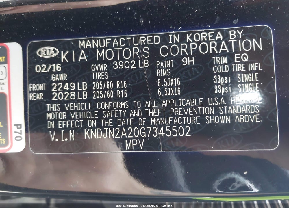 2016 KIA SOUL VIN: KNDJN2A20G7345502