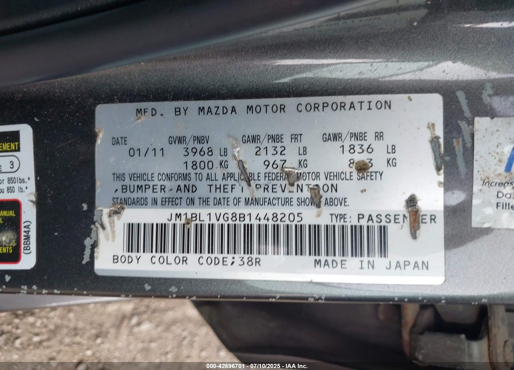2011 MAZDA 3 VIN: JM1BL1VG8B1448205