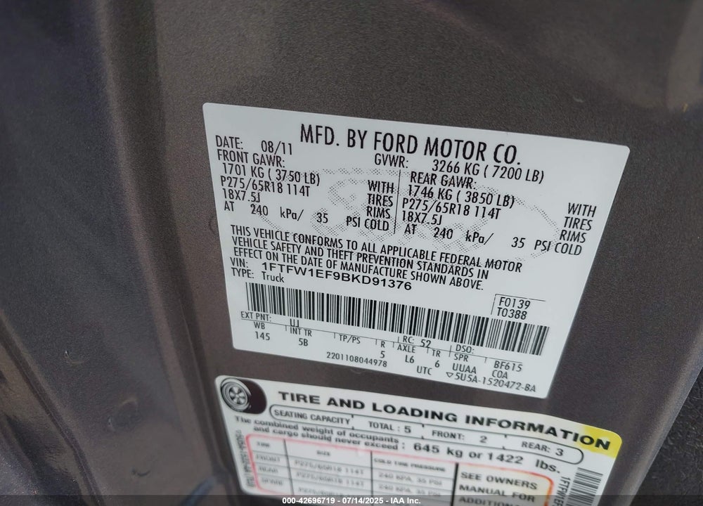 2011 FORD F-150 VIN: 1FTFW1EF9BKD91376
