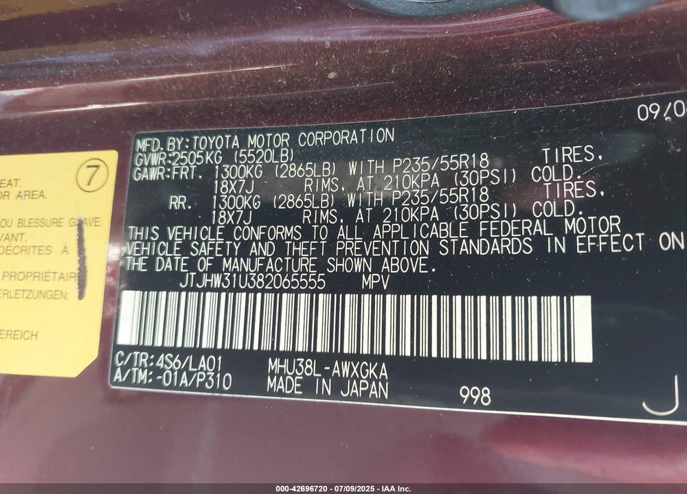 2008 LEXUS RX VIN: JTJHW31U382065555