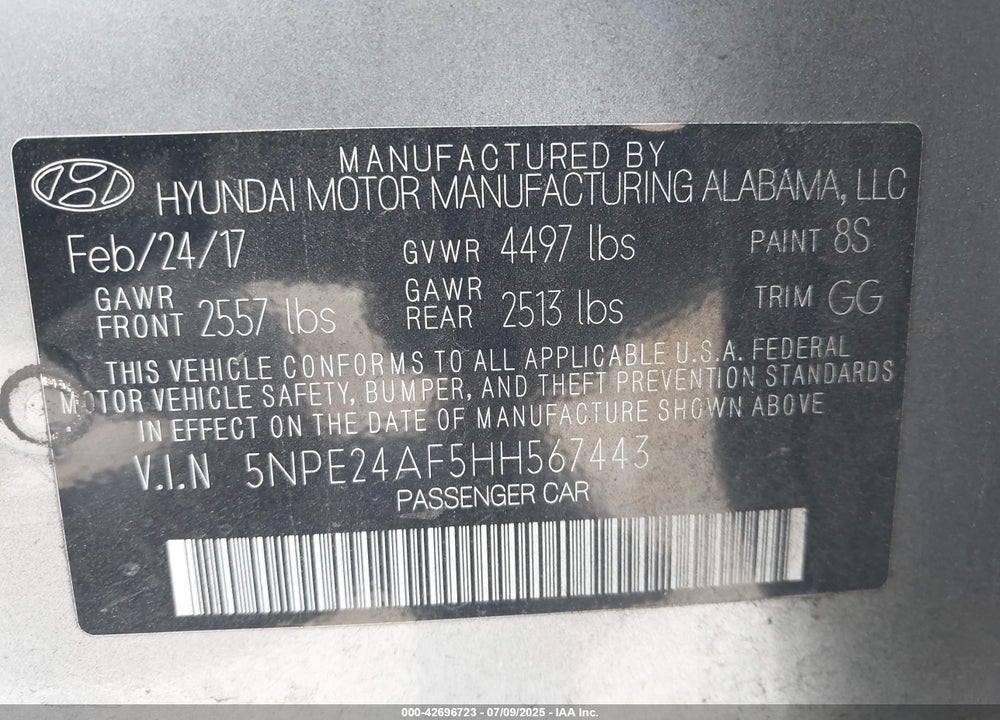 2017 HYUNDAI SONATA VIN: 5NPE24AF5HH567443