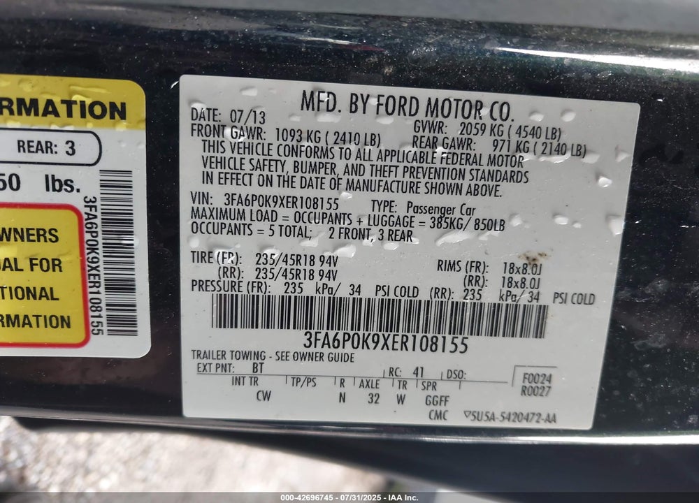 2014 FORD FUSION VIN: 3FA6P0K9XER108155