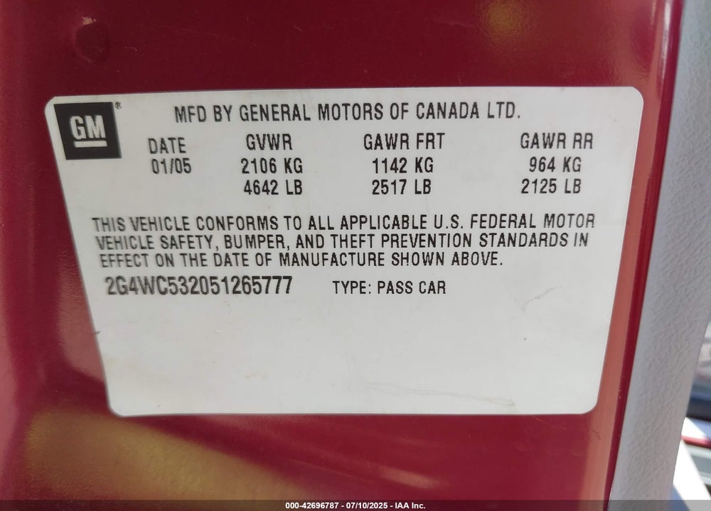 2005 BUICK LACROSSE CX VIN: 2G4WC532051265777
