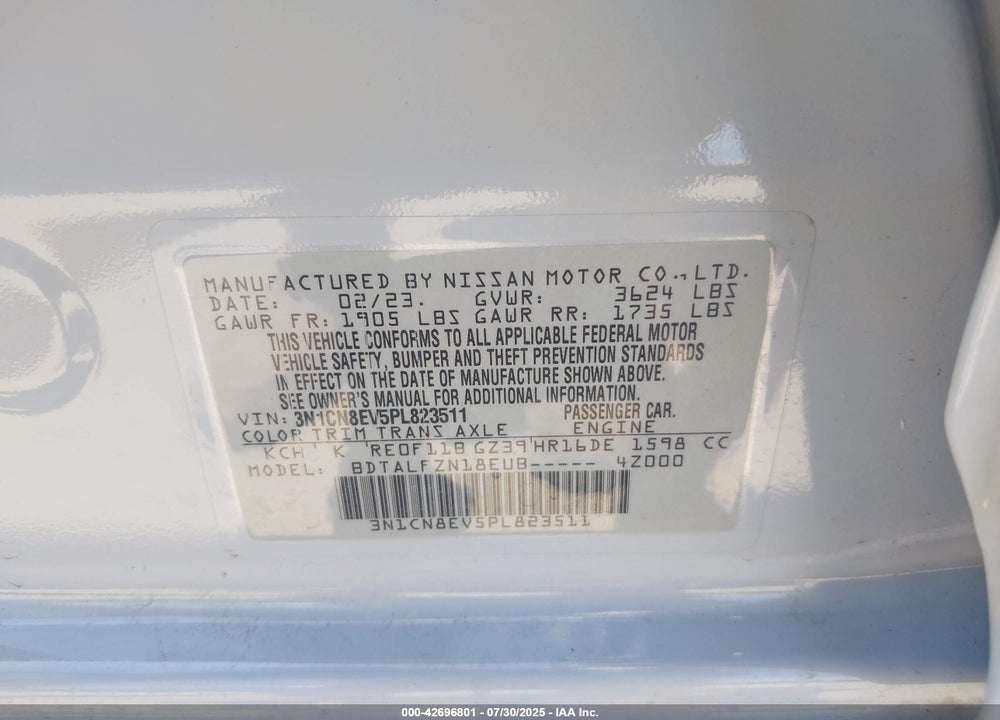 2023 NISSAN VERSA VIN: 3N1CN8EV5PL823511