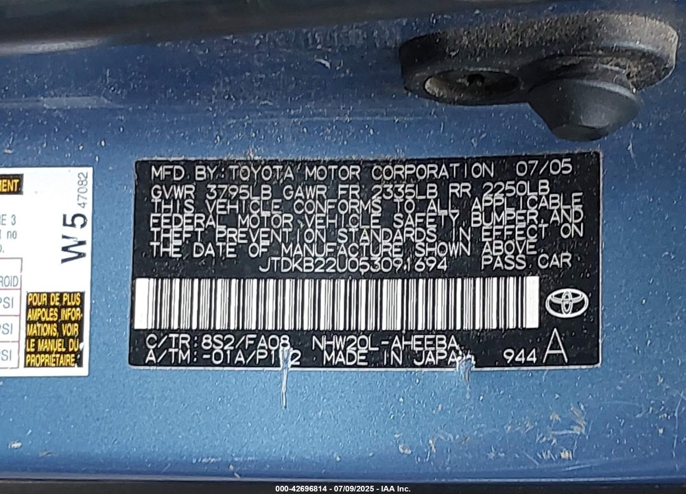 2005 TOYOTA PRIUS VIN: JTDKB22U053091694