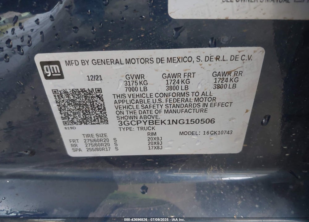 2022 CHEVROLET SILVERADO 1500 VIN: 3GCPYBEK1NG150506