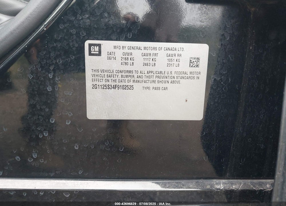 2015 CHEVROLET IMPALA VIN: 2G1125S34F9102525