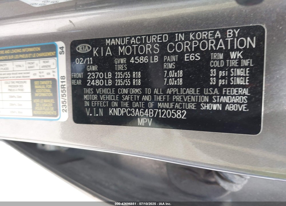 2011 KIA SPORTAGE VIN: KNDPC3A64B7120582